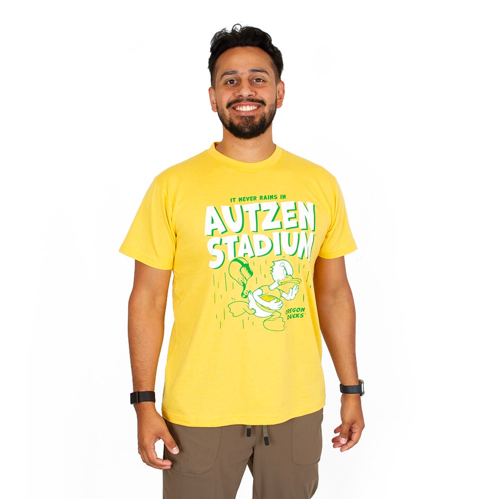 Autzen Stadium, Gold, Crew Neck, Cotton Blend, Men, Unisex, Football, Homefield Vintage, Never Rains in Autzen Stadium, Duck Running with Football, T-Shirt, 751001